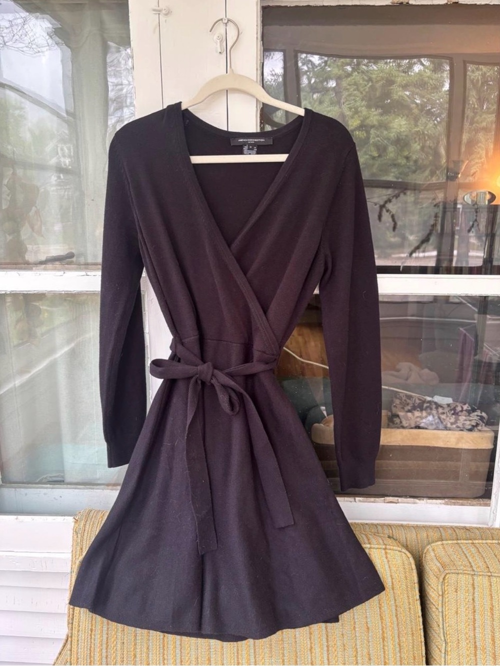 French Connection Black Long-Sleeve Wrap Sweater Dress